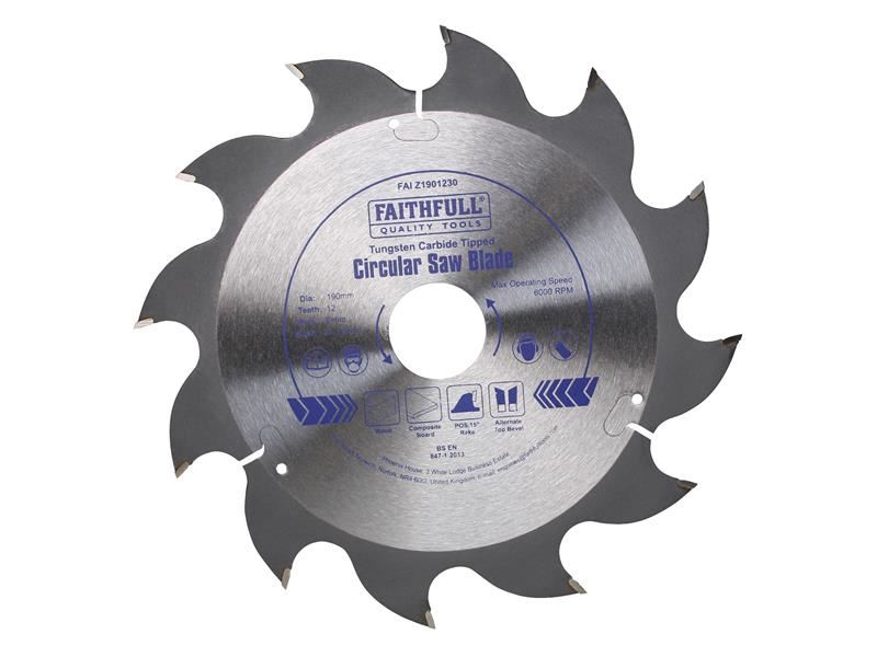 Faithfull Λαμαρίνα Πριονιού TCT - 190mm x 30mm, 12 Δοντιά, POS Rake