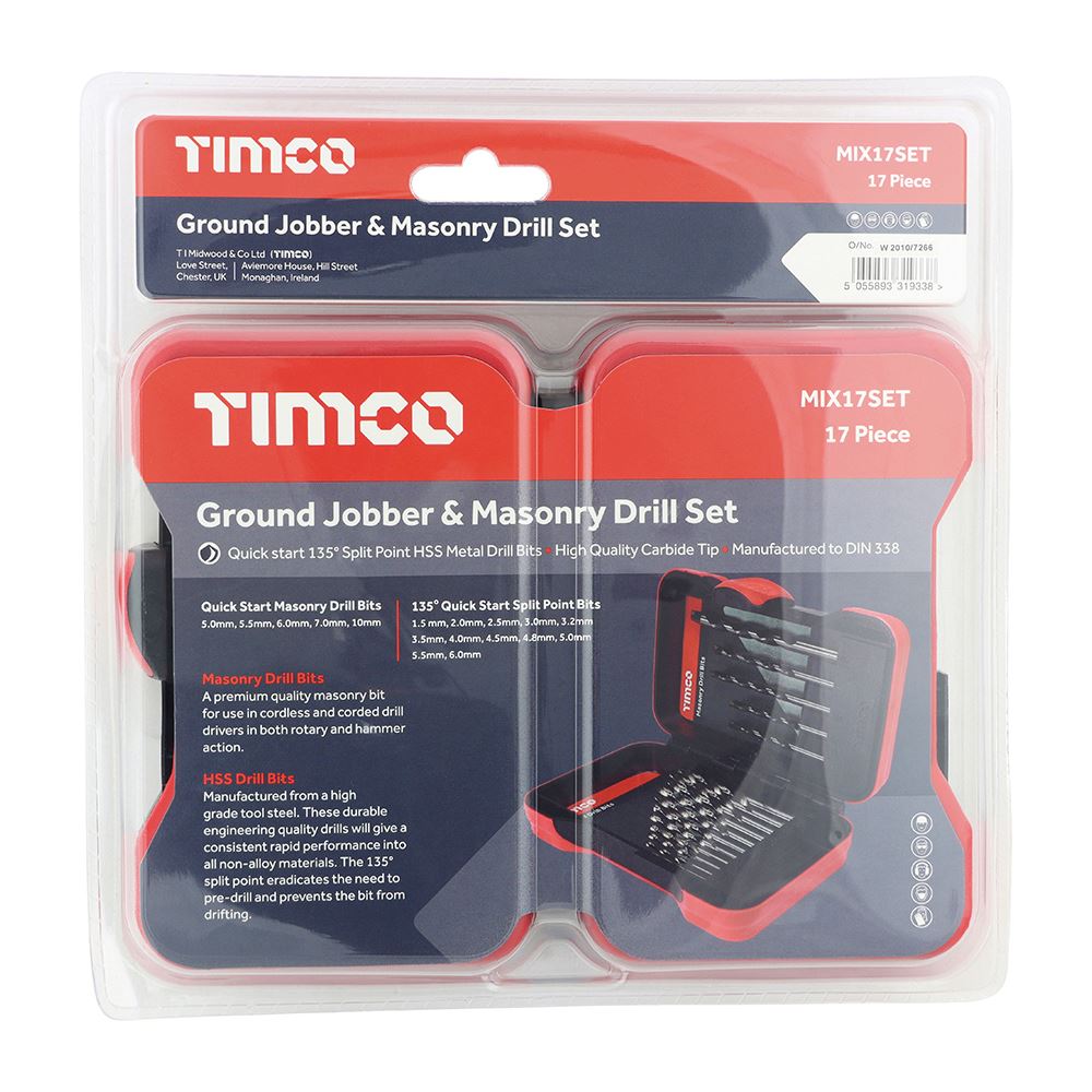 Timco - Ensemble de forets métal et maçonnerie, 17 pièces, acier carbone