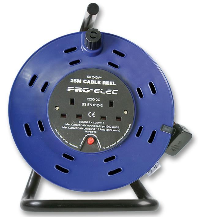 PRO ELEC Naviják na kabel 25m s dvojitou zásuvkou 5A