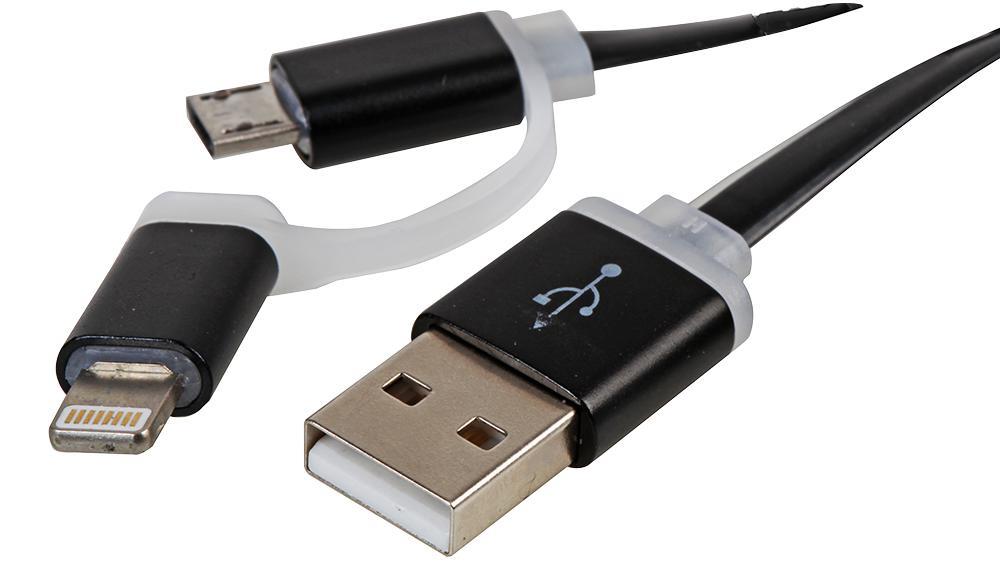 LMS Data 2-in-1 USB to Micro USB & Lightning Adaptor Cable, 1m, Black