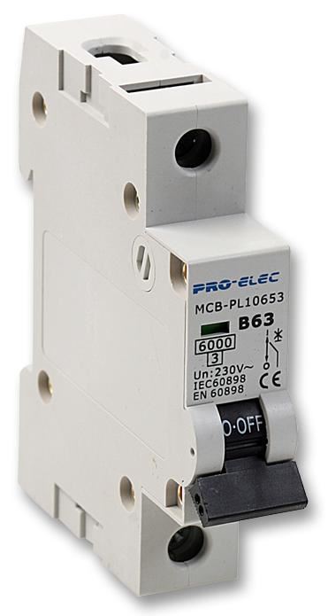 Disjoncteur monopolaire PRO ELEC 63A, courbe B, capacité de coupure 6kA