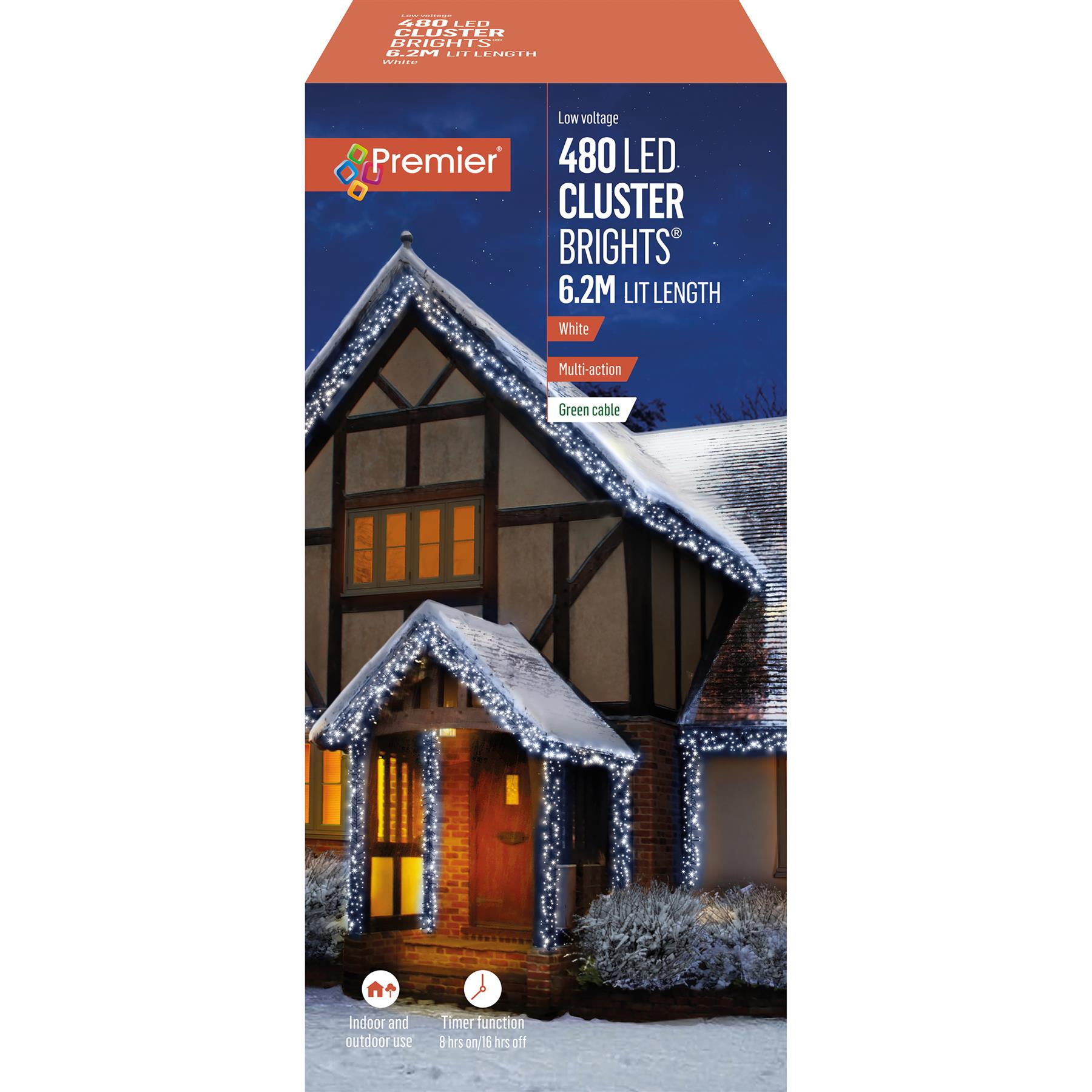 Premier 480 LED Witte Kerstcluster-lampjes met Timer, 6,2m