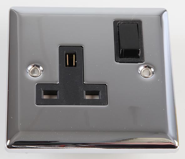 Volex 1 Gang 13A DP Switched Socket, Polished Chrome & Black