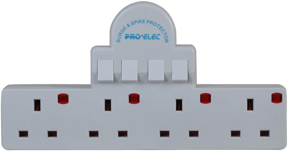 PRO ELEC 4-Gang Switched Mains Plug Adaptor, White, 13A