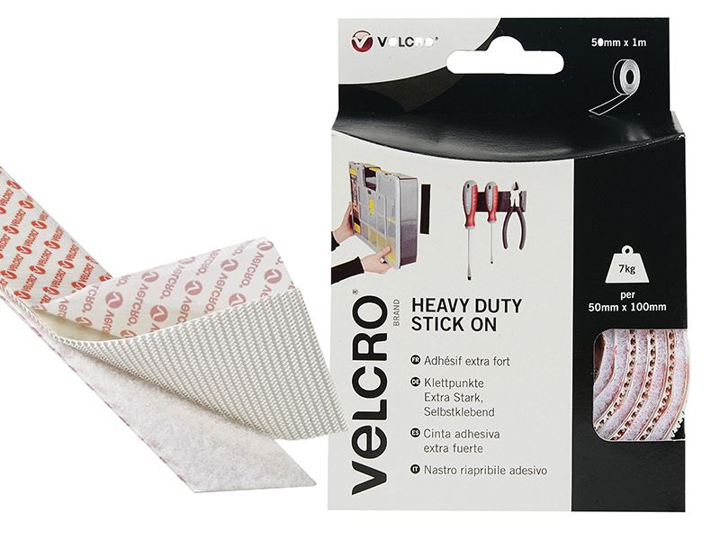VELCRO® Heavy-Duty Stick On Tape, 50mm x 1m, White