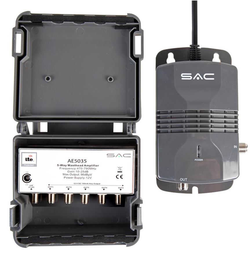 SAC Amplificatore Antenna LTE 5 Vie & Alimentatore, 470-790MHz, Guadagno 17-32