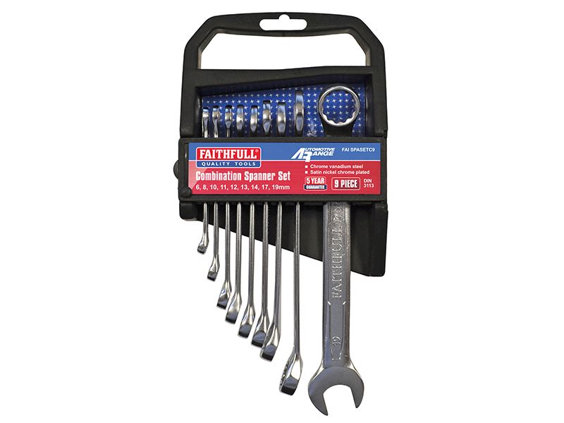 Faithfull Chrome Vanadium Combination Spanner Set, 9-Piece