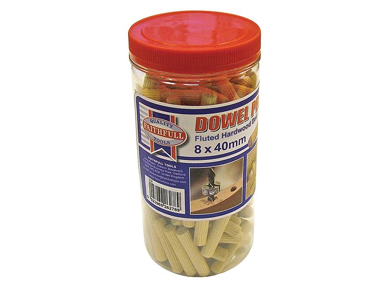 Faithfull Fluted Wood Dowels 40 x 8mm, Tub of 150
