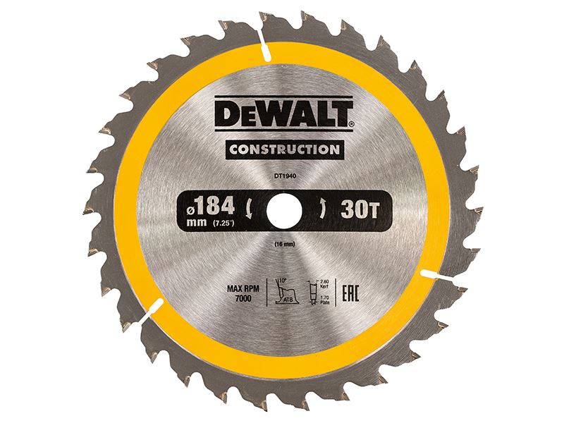 DEWALT Λεπίδα Κυκλικού Πριονιού Κατασκευών, 184mm, 30 Δόντια, 16mm Οπή