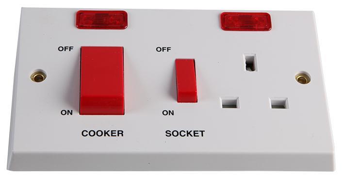 Volex 45A Cooker Switch with 13A Socket, White, BS4177/1363