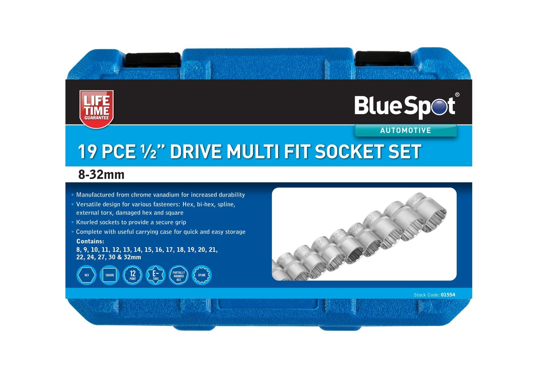 Blue Spot Tools 19-Piece 1/2″ Drive Socket Set (8-32mm)