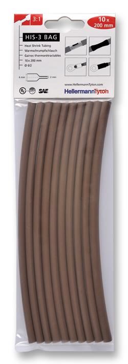 HellermannTyton Tubo Termoretrattile 3:1, Marrone, 6 x 200mm, Confezione da 10