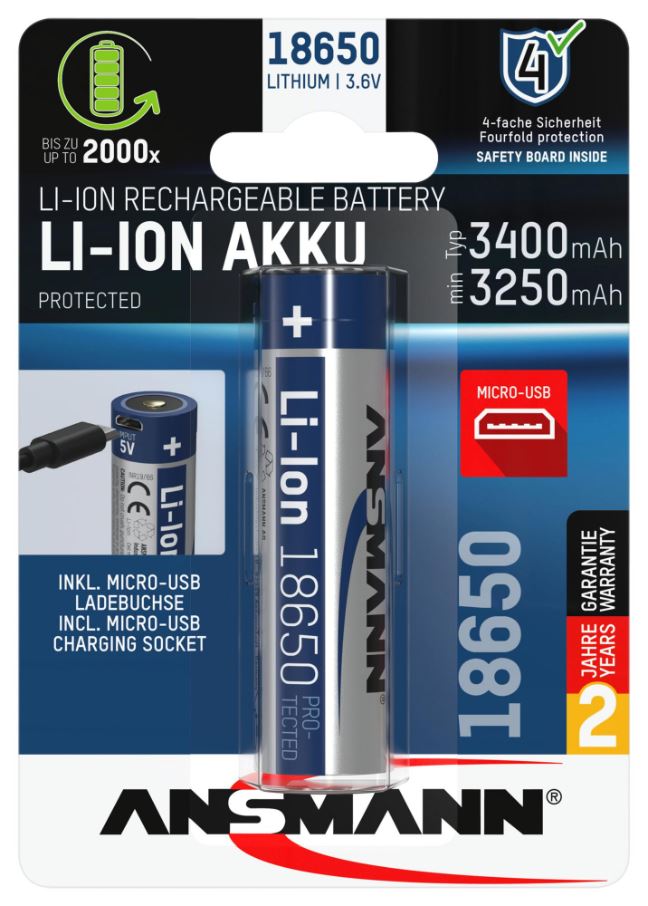 ANSMANN - Bateri 18650 Li-Ion 3.6V 3400mAh dengan Pengecasan USB Mikro