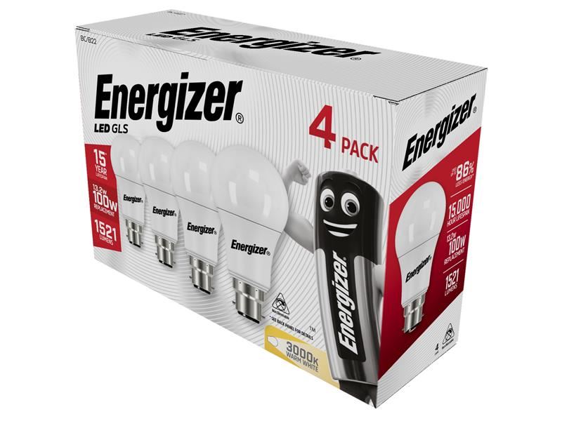 Energizer LED BC B22 Opal GLS Bulb, Warm White, 1521 lm, 13.2W, Pack of 4