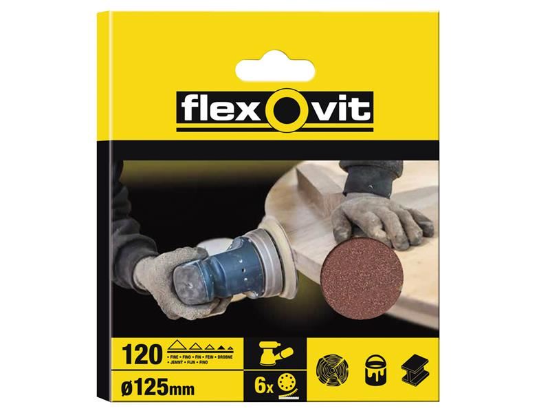 Flexovit 125mm Fine 120G Hook & Loop Sanding Disc Pack of 6