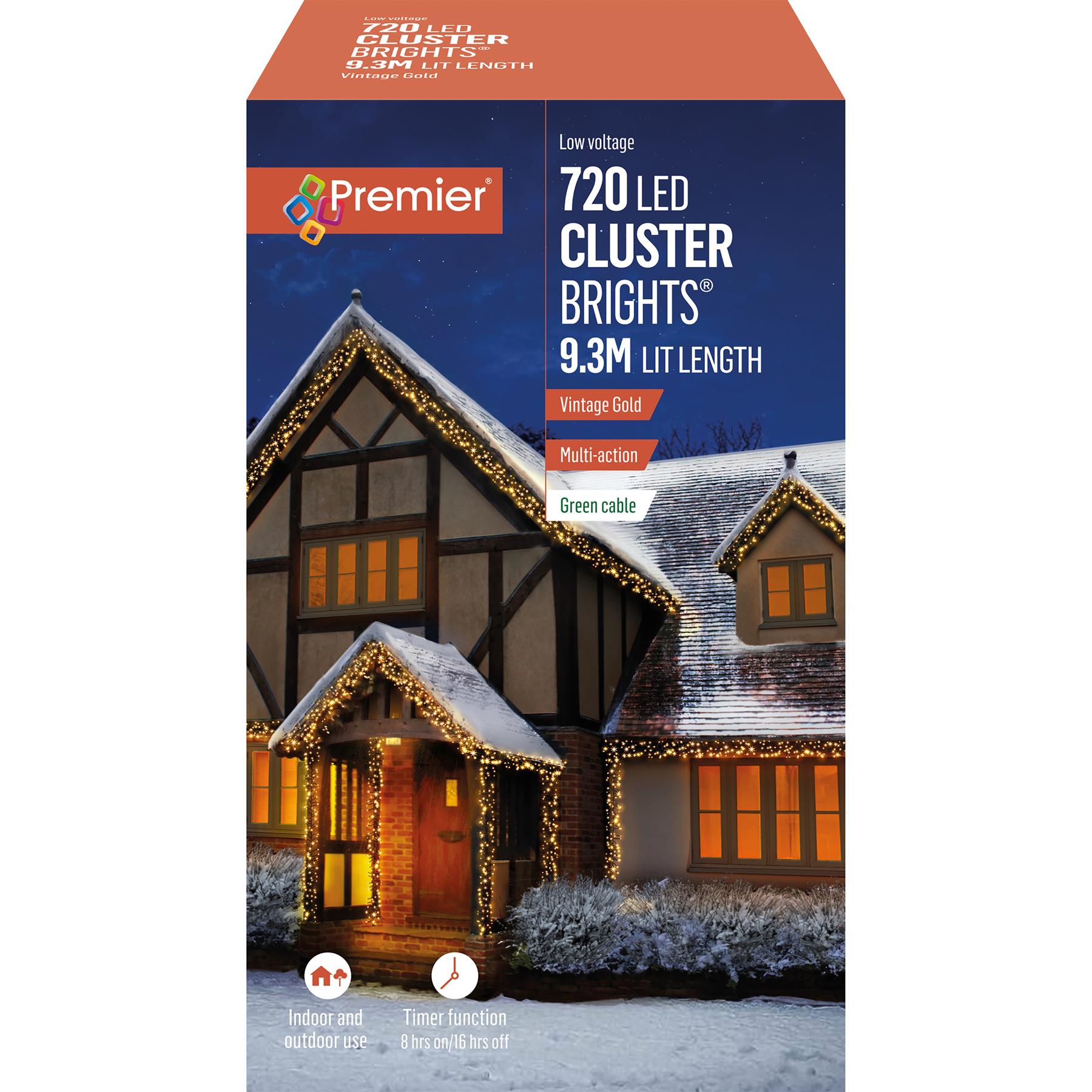 Premier 720 LED ヴィンテージゴールド クリスマスクラスターライト 9.3m タイマー付き