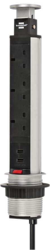 BRENNENSTUL Torre de enchufes extensión pop-up, 3 tomas con USB, 2m