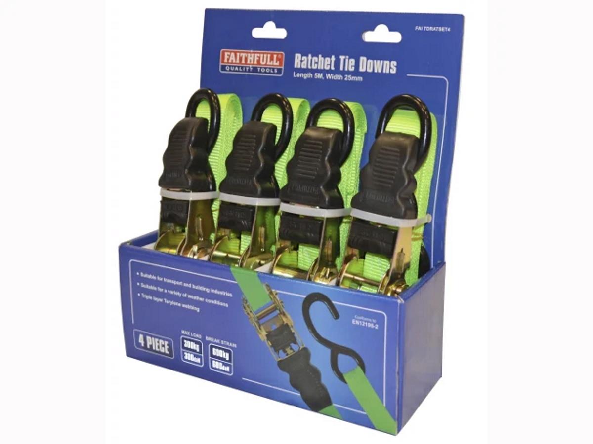 Faithfull Cinghie con Cricchetto 5m x 25mm, Verde, Set da 4