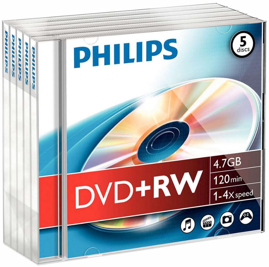 PHILIPS DVD+RW Blank Discs, 4x Speed, 5 Pack