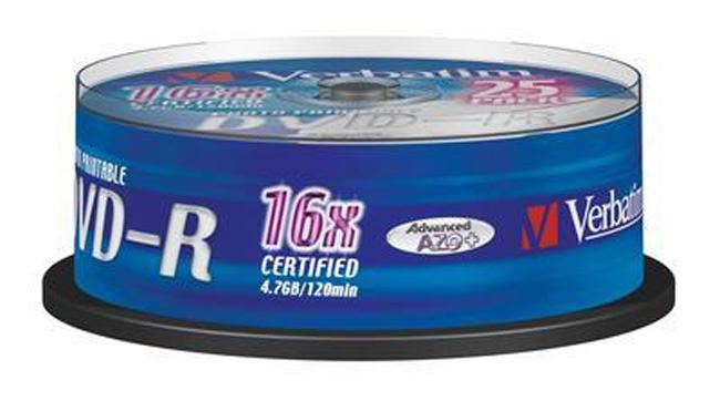 VERBATIM 16x DVD-R Blank Discs, Printable, 25 Pack
