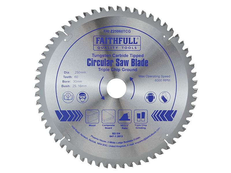 Faithfull TCT Circular Saw Blade 250mm x 30mm, 60T, Triple Chip Ground
