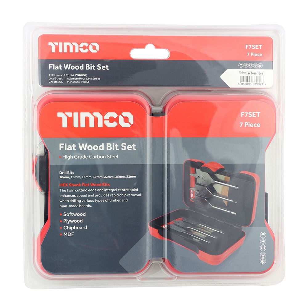 Timco 7ピース フラットウッドドリルビットセット クイックリリース付き
