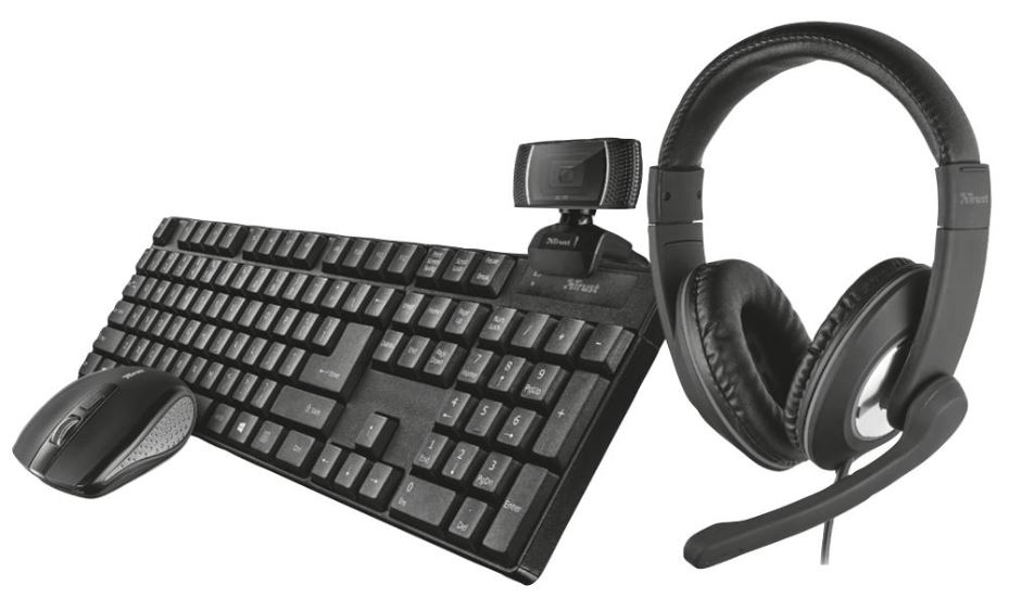 TRUST Qoby 4-in-1 Σετ Γραφείου με Πληκτρολόγιο, Ποντίκι, Ακουστικά & Webcam