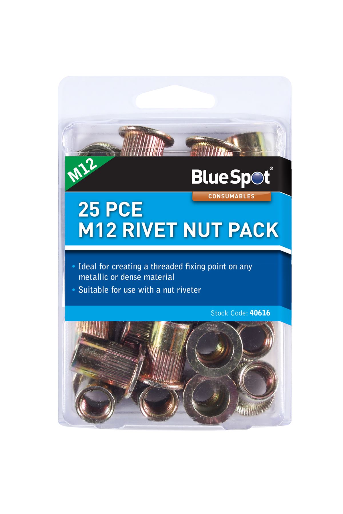 Blue Spot Tools M12 Rivet Nut Pack, 25-Piece, Carbon Steel