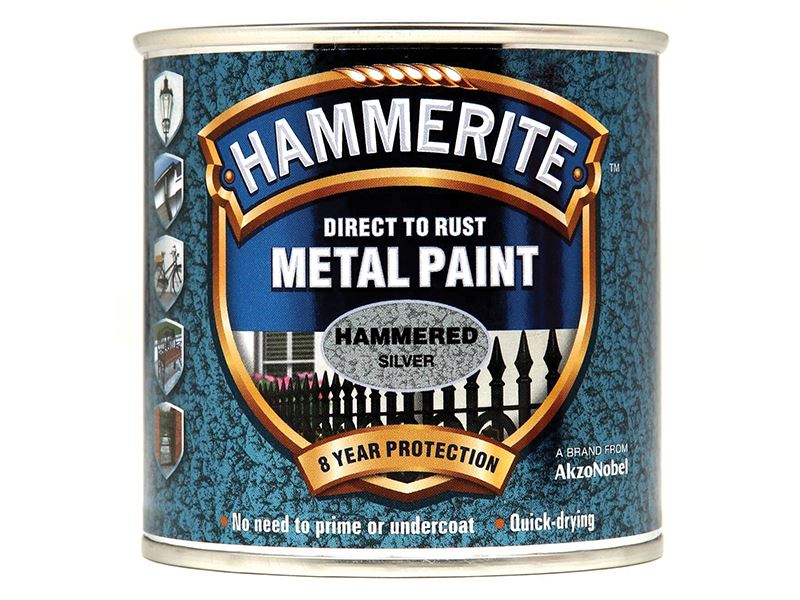 Hammerite Direct to Rust Hammered Finish Metal Paint, Silver, 250ml