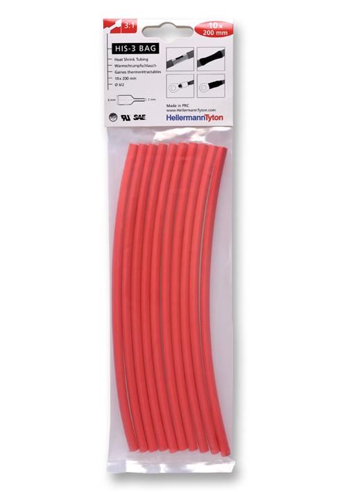 HELLERMANNTYTON Tubo Termorestringente 3:1, Rosso, 6mm x 200mm, Confezione da 8