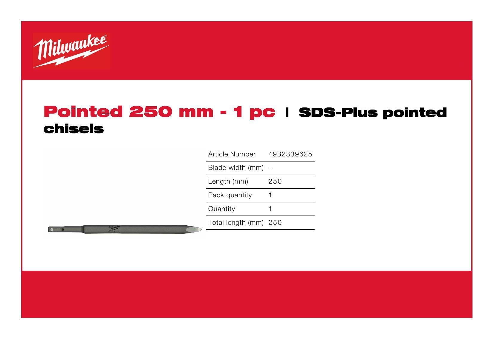 Milwaukee אזמל SDS Plus, חוד מחודד, 250 מ״מ