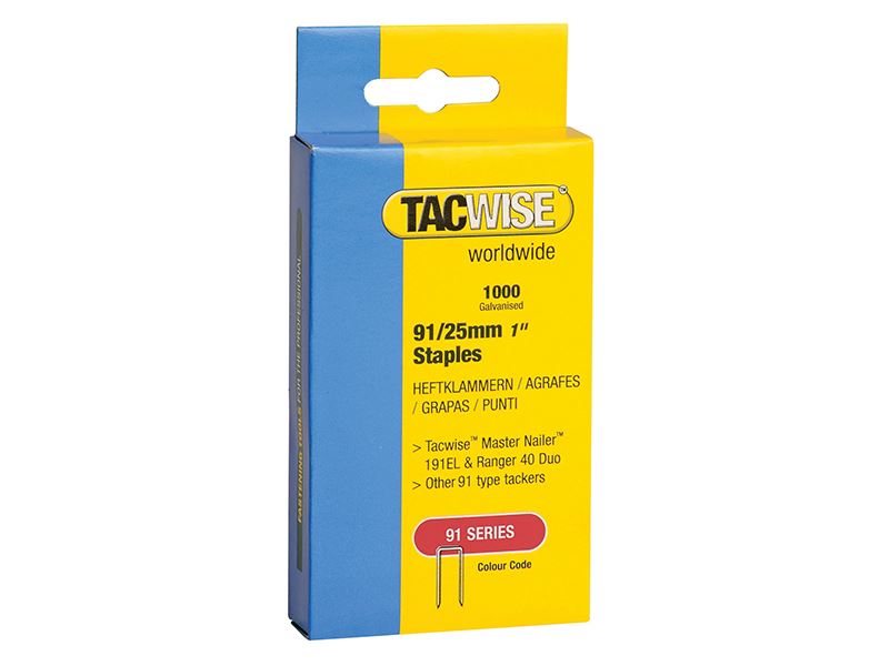 Tacwise 91 Narrow Crown Staples, 25mm, Pack of 1000