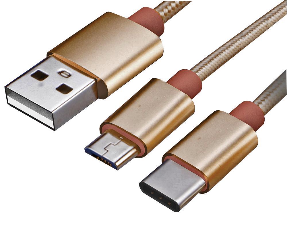 AKASA USB-C/Micro USB 2-in-1 Charging Cable, 1.2m, Gold