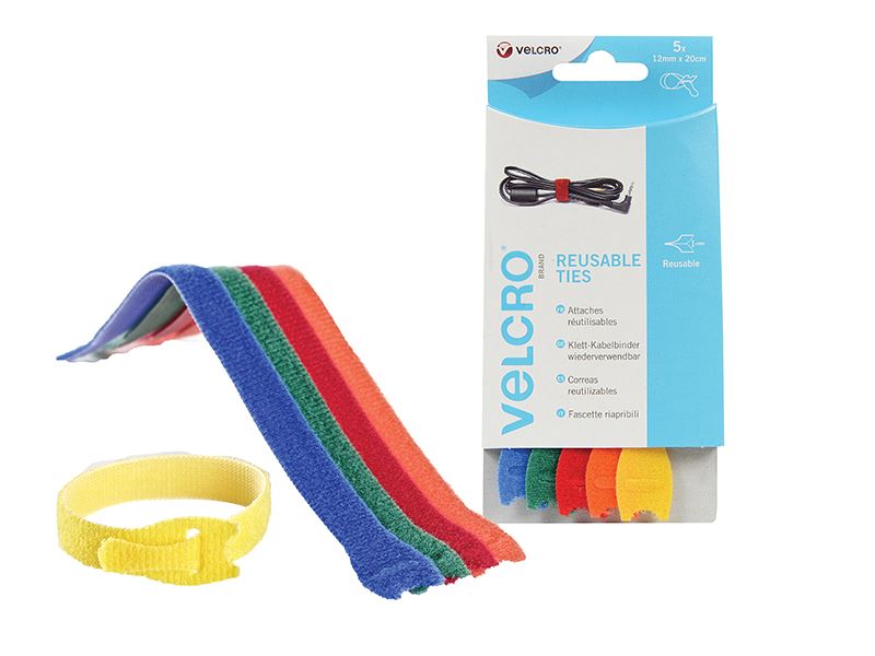 VELCRO ONE-WRAP Reusable Cable Ties, 12mm x 20cm, Multi-Colour (Pack of 5)