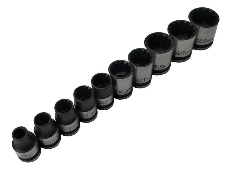BlueSpot Tools 3/8in Drive Spline Socket Set, 10-Piece Metric/SAE
