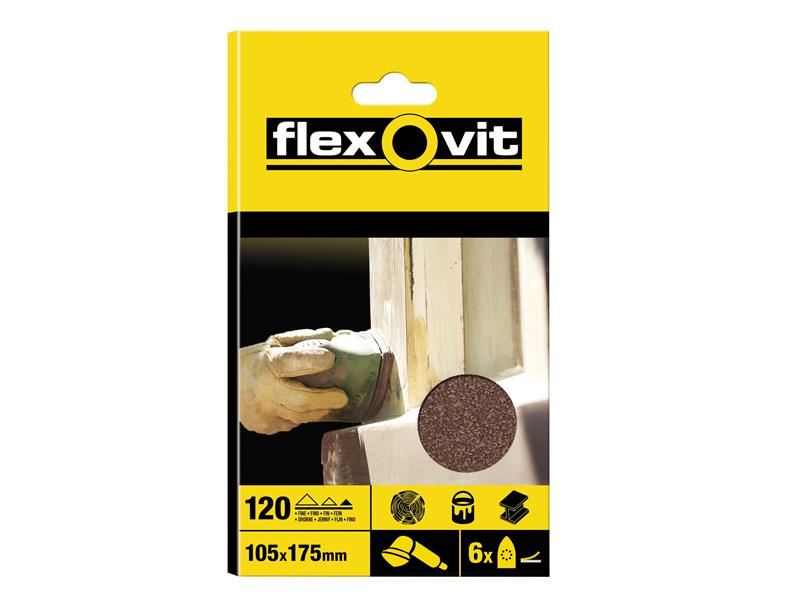 Flexovit Schleifblätter mit Klettverschluss 105x175mm Fein 120G (6er Pack)