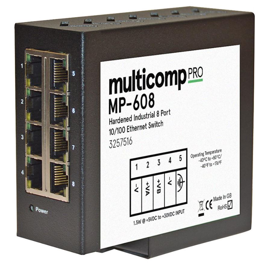 MULTICOMP PRO 8-Port Industrial Ethernet Switch, DIN Rail Mount