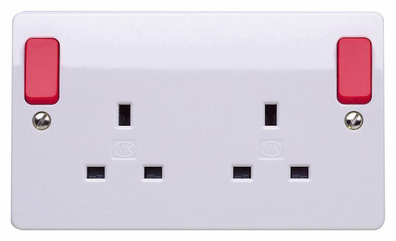 MK 2 Gang 13A Double Pole Switched Plug Socket with Red Rockers