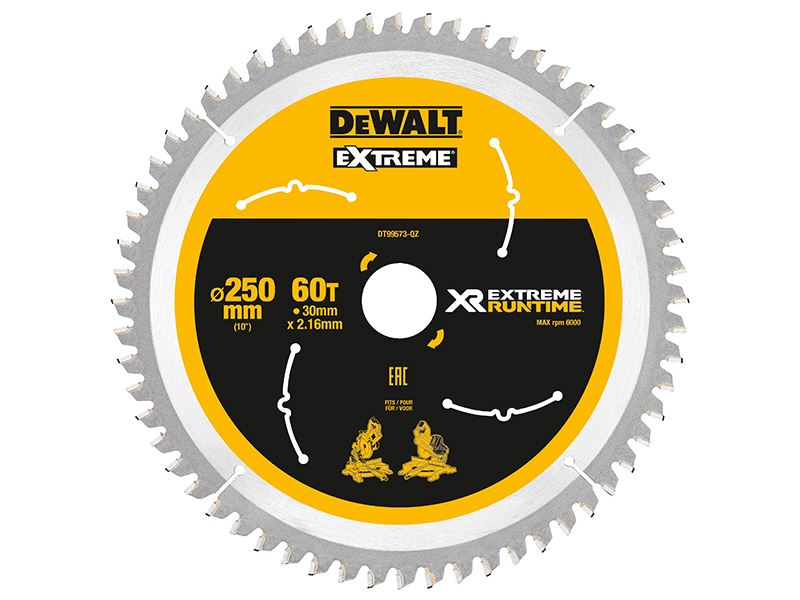DEWALT Extreme Runtime FlexVolt Mitre Saw Blade, 250mm x 30mm, 60T
