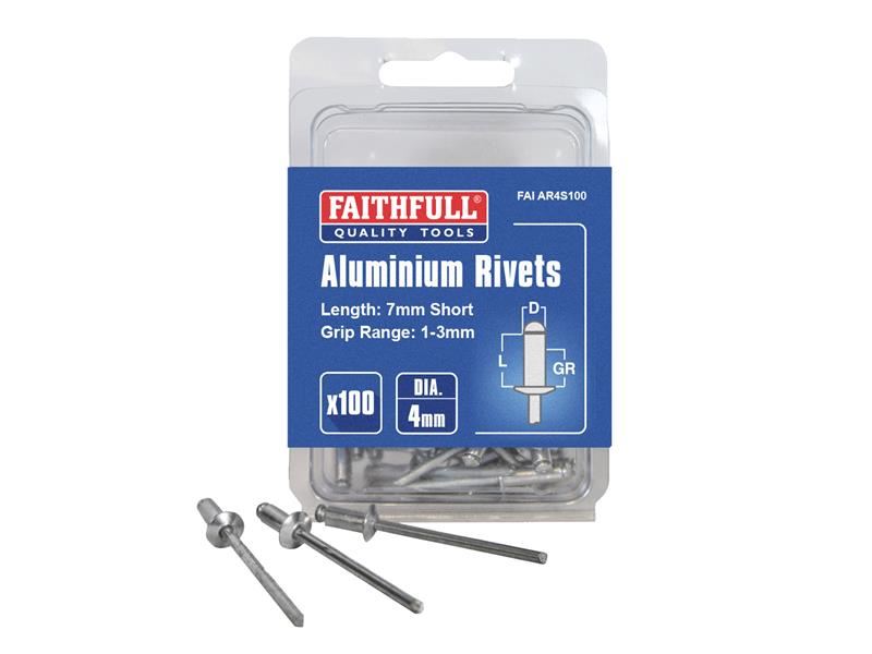 Faithfull Aluminium Rivets 4mm x 7mm, Pack of 100