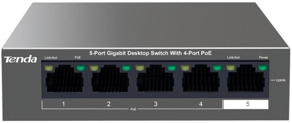 TENDA Switch de Mesa Gigabit 5 Portas com 4 Portas PoE, 58W