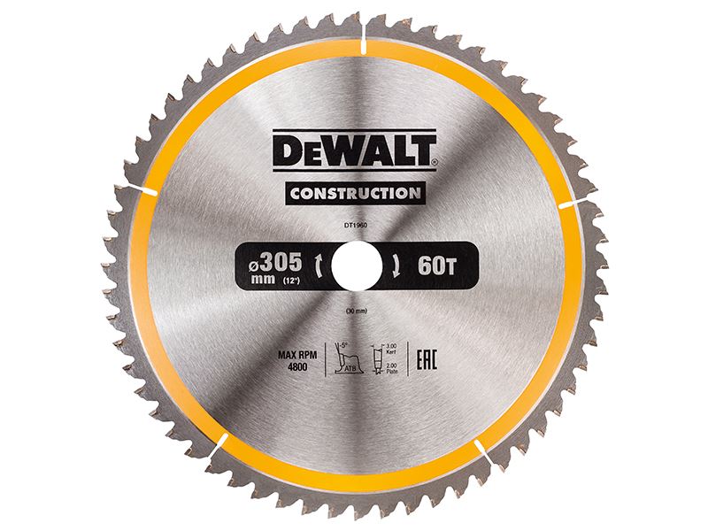 Dewalt 305mm Λεπίδα Κυκλικού Πριονιού για Κατασκευές, 60 Δόντια ATB/Neg