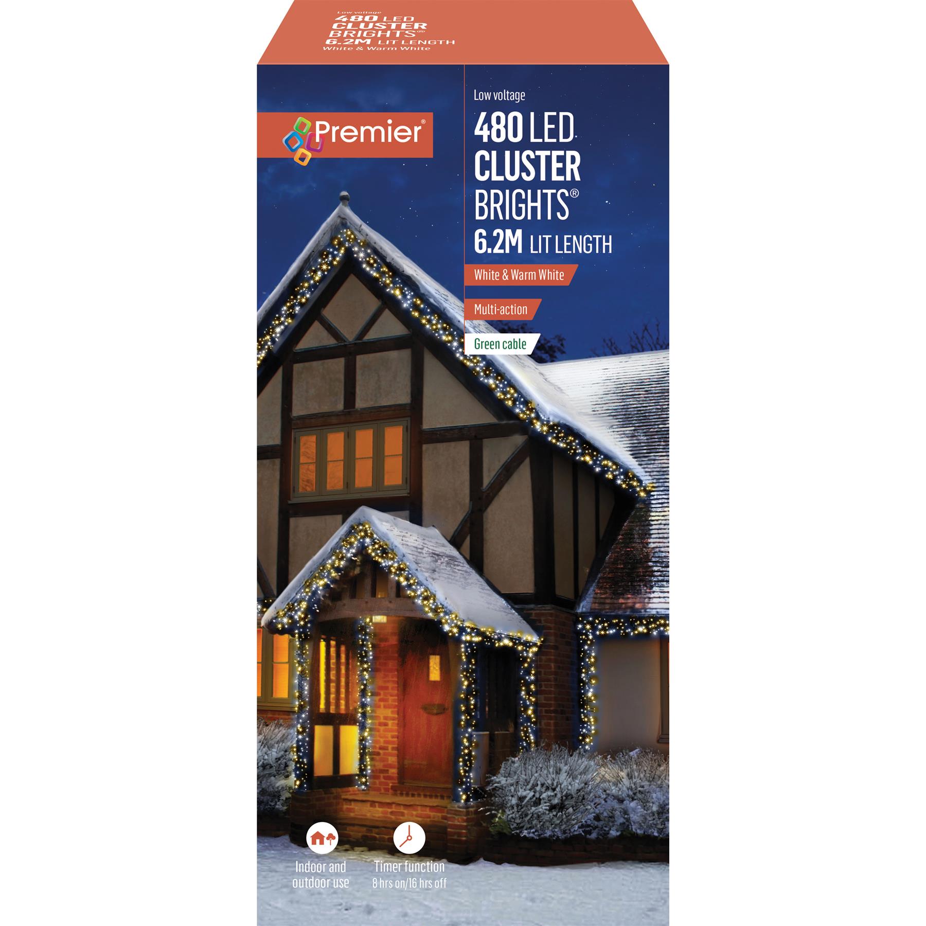 Premier 480 LED Warm White & White Mix Christmas Cluster Lights, 6.2m