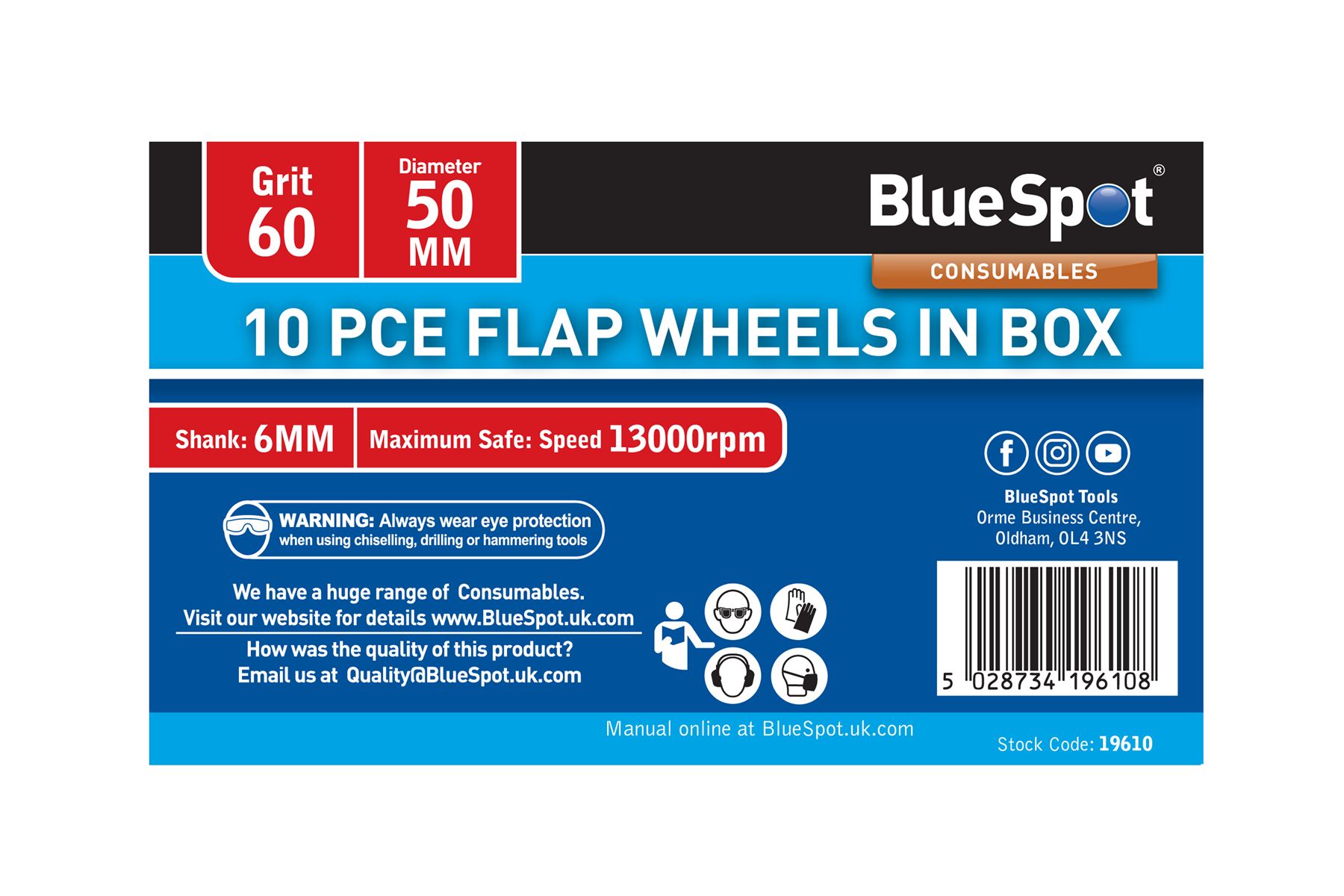 Blue Spot Tools Set 10 Pezzi Ruote a Lamelle Grana 60, Diametro 50mm