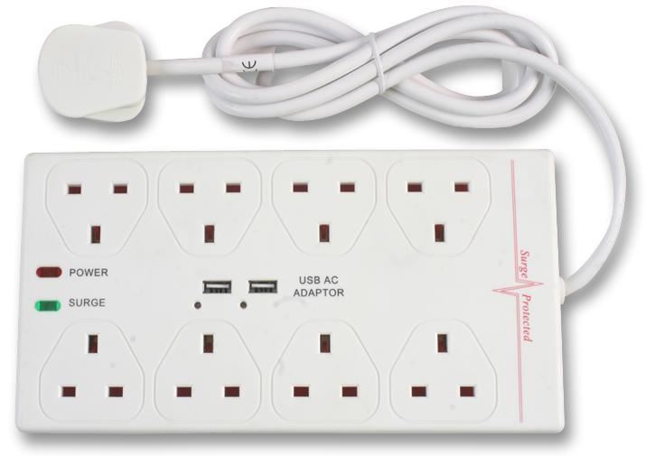 PRO ELEC 8 Way Surge Protected USB Charging Extension Lead