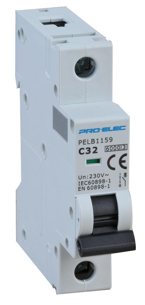 PRO ELEC - 32A Einpoliger LS-Schalter, C-Kennlinie, 6kA