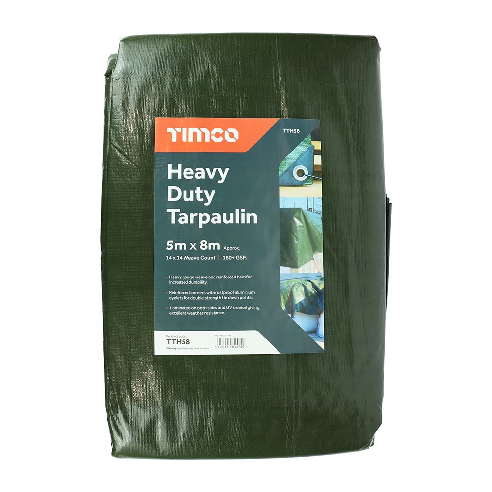 Timco Heavy Duty Tarpaulin, 5x8m, UV Treated, Green