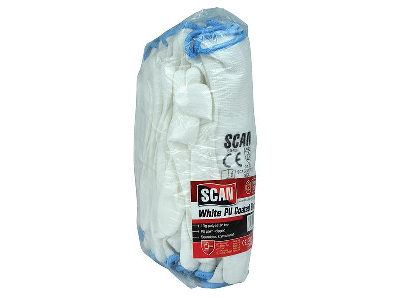 Scan White PU Coated Work Gloves, Large (Size 9), Pack of 12