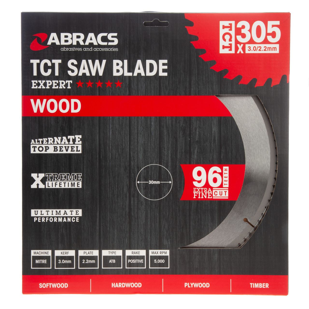Abracs TCT 木工用丸ノコ刃 305 x 30mm 96歯