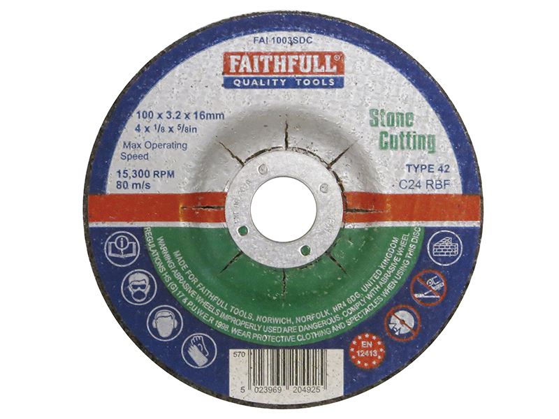 Faithfull カラーグラインダー用ストーンカットオフディスク 100x3.2x16mm フェイスレスセンター